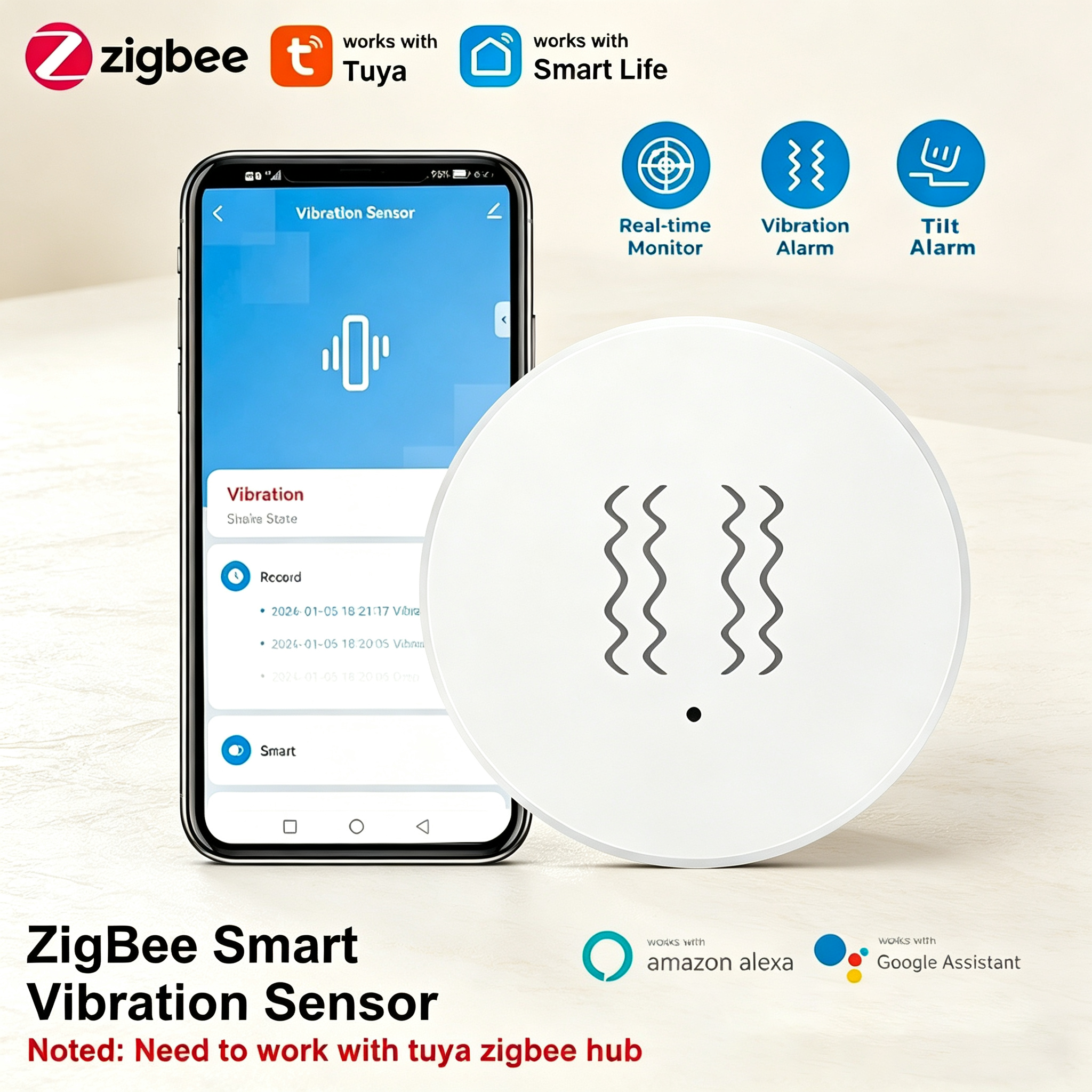 Home Security Alexa - Tuya ZigBee Smart Vibration & Tilt